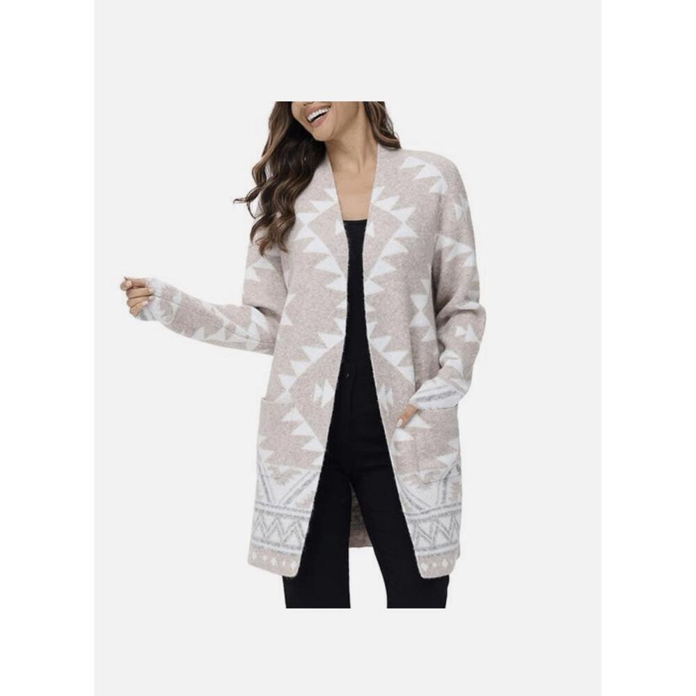 Frye "The Cozy" Women's Long Open Cardigan Sweater with Aztec Designs, Small